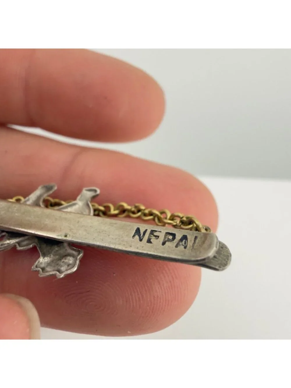 Vintage Nepal Guardian Lion Tie Bar Set of 2 Figural Silver Tone